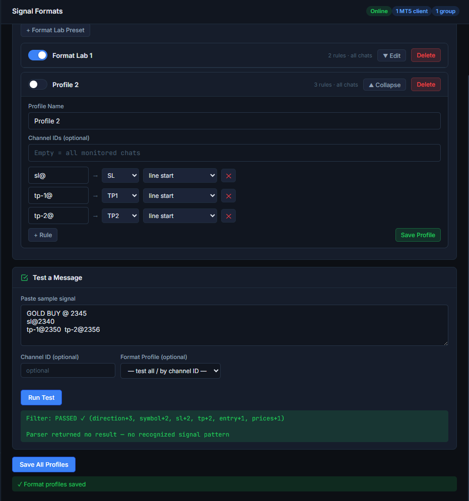 Format Lab test passed filter but parser returned no result