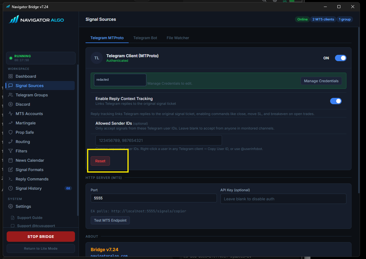 Telegram MTProto reset button in Bridge