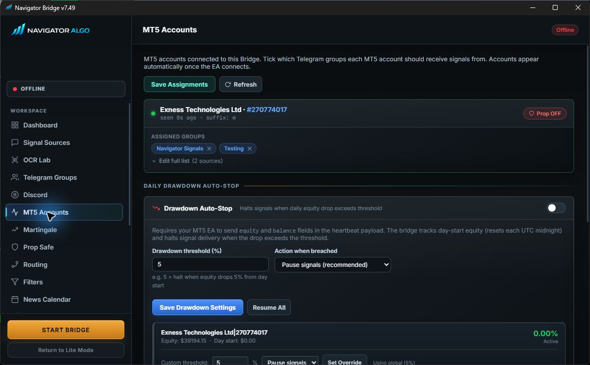 Current NTS Super Bridge MT5 accounts routing and drawdown controls