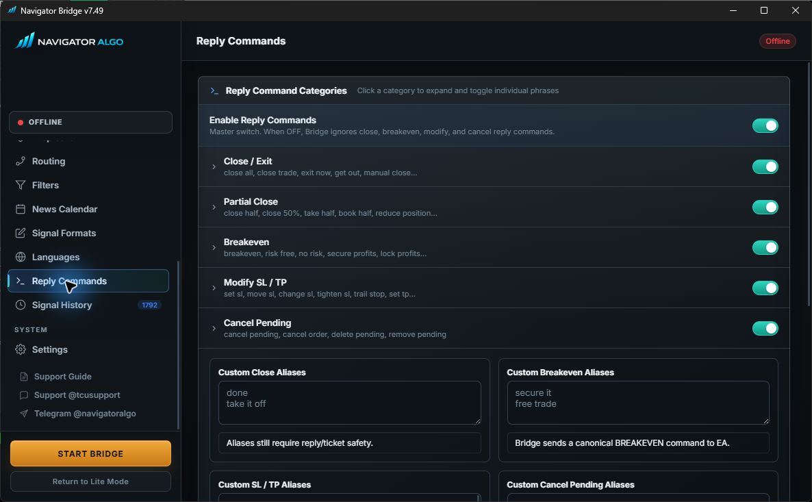 Current NTS Super Bridge reply command settings