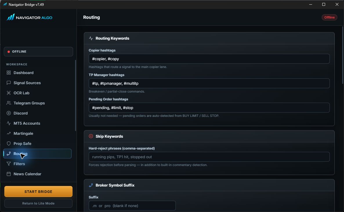 Current Bridge account routing controls