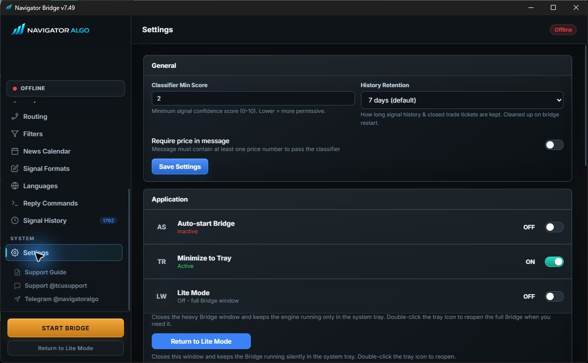 Current NTS Super Bridge settings and update status