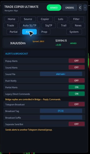 Trade Copier Ultimate v7.40 Alerts tab