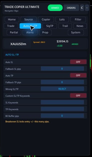 Trade Copier Ultimate v7.40 Auto SL and TP tab