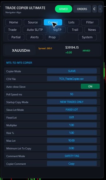 Trade Copier Ultimate v7.40 MT5-to-MT5 Copier tab