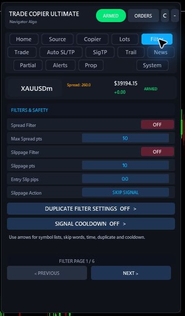 Trade Copier Ultimate v7.40 Filter tab