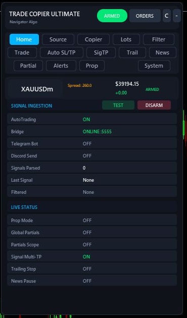 Current Trade Copier Ultimate v7.40 Home tab after attaching the EA