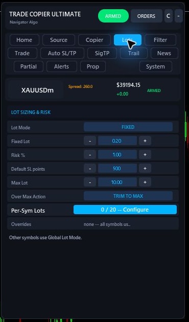 Current Trade Copier Ultimate v7.40 Lots tab