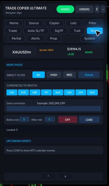 Trade Copier Ultimate v7.40 News Filter tab