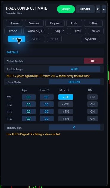 Trade Copier Ultimate v7.40 Partial Close tab