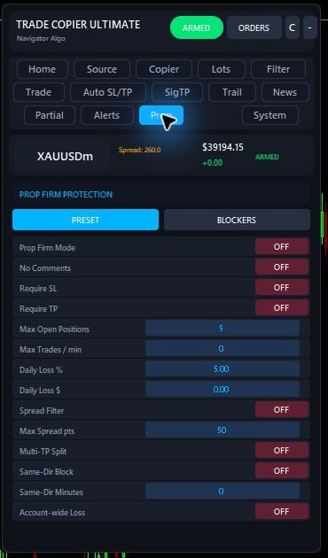 Trade Copier Ultimate v7.40 Prop tab