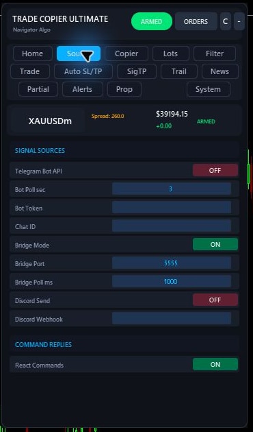 Current Trade Copier Ultimate v7.40 Source tab in Bridge mode