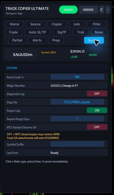 Trade Copier Ultimate v7.40 System tab