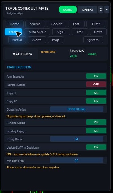 Trade Copier Ultimate v7.40 Trade tab