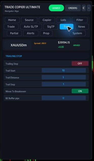 Trade Copier Ultimate v7.40 Trailing Stop tab