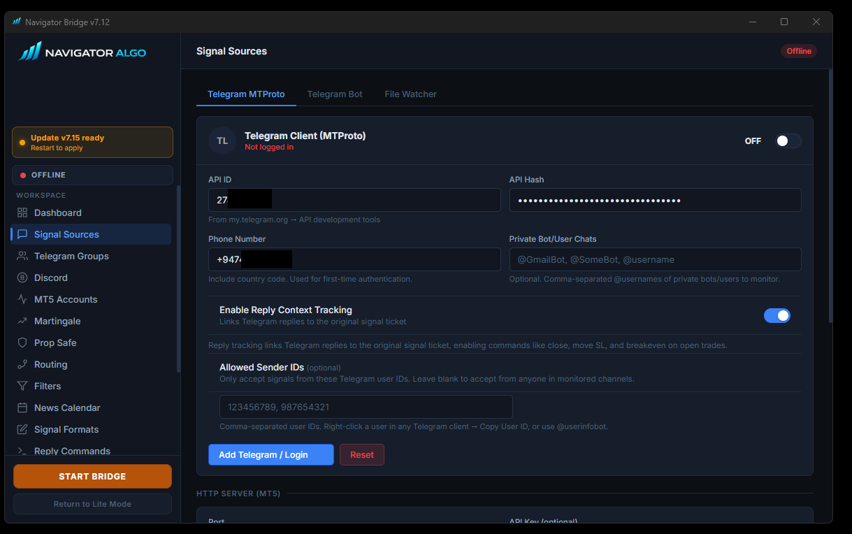Telegram login fields in Bridge