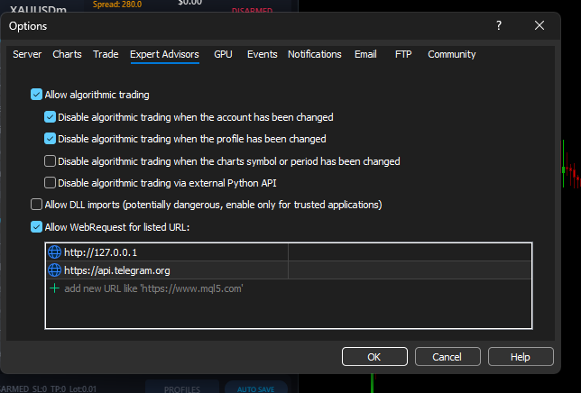MT5 WebRequest settings