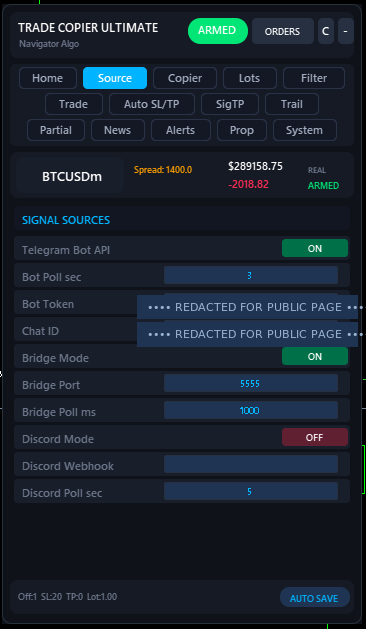 Trade Copier Ultimate Source tab with Telegram Bot and Bridge mode enabled