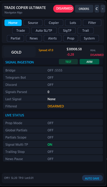 Trade Copier Ultimate panel — DISARMED state, Home tab on XAUUSD