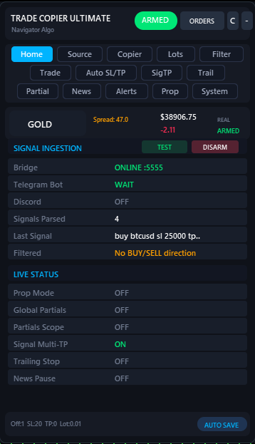 Trade Copier Ultimate panel — ARMED, Bridge online, signals parsed, last signal showing on Home tab