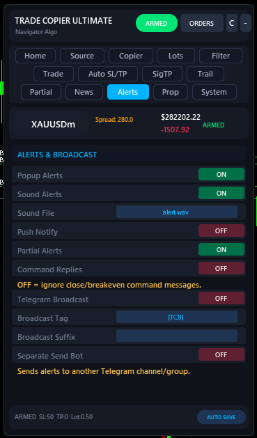 Alerts tab showing toggle switches for different notification types