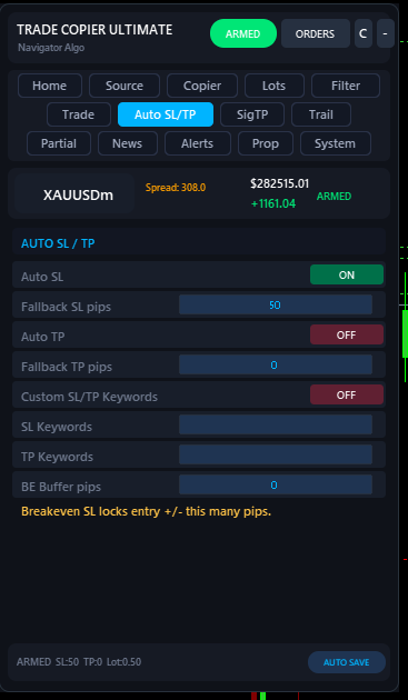 Auto SL/TP tab — fallback SL/TP pips, custom SL/TP keywords