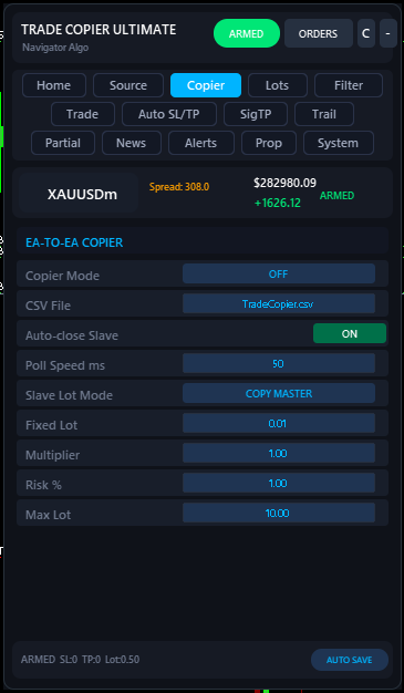 Copier tab showing magic number, slippage settings, and global limits