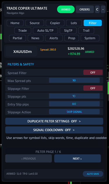 Filter tab with duplicate filter, spread filter, whitelist, blacklist, skip keywords