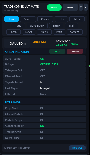 Home tab displaying system status, ping, daily metrics and active positions