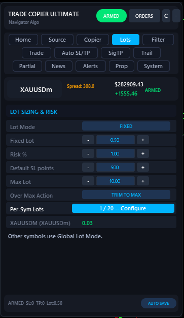 Lots tab with Risk% mode, default SL points, max lot, and per-symbol settings