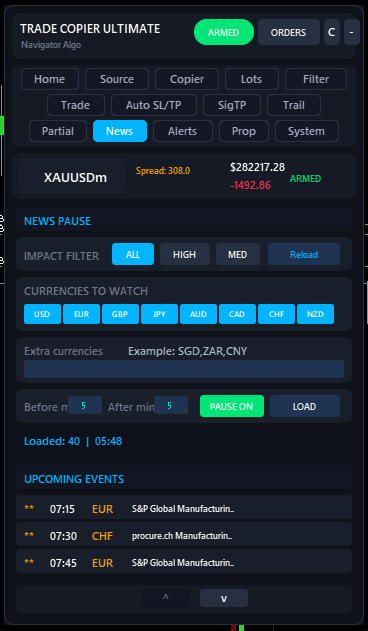 News tab with impact filter, currencies, before/after minutes, and upcoming events list