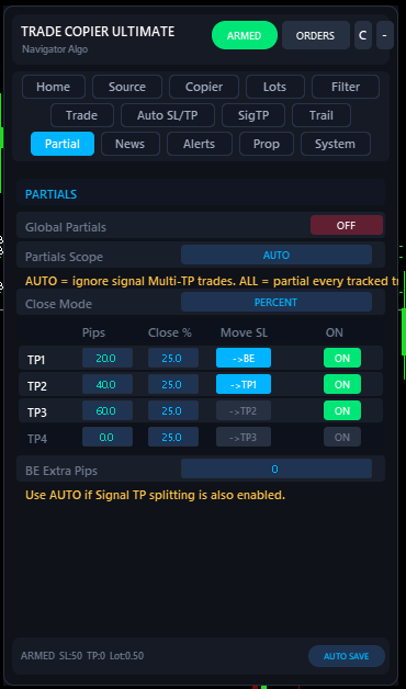 Partial tab — TP1 at 20 pips with breakeven move, TP2 at 40 pips moving SL to TP1