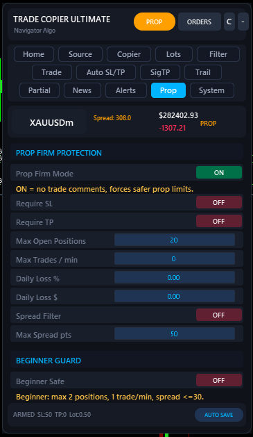 Prop tab showing daily loss caps and safety toggles