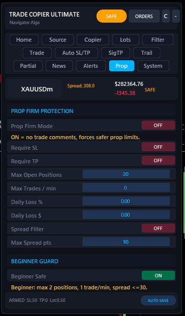 Prop tab — SAFE state with Beginner Safe ON