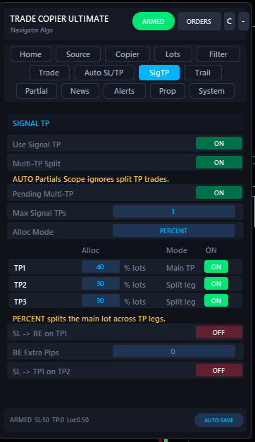 SigTP tab — Multi-TP split ON, allocation 40/30/30, BE moves enabled