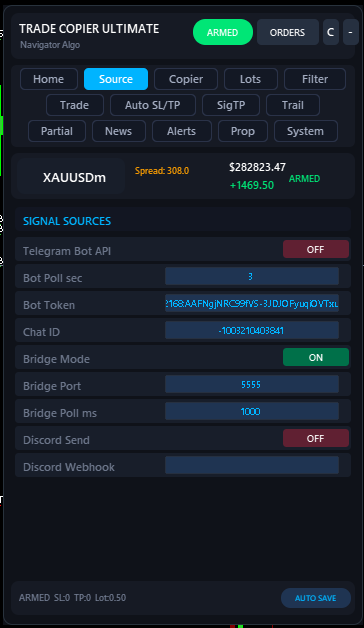 Source tab with Telegram Bot, Bridge, and Discord inputs