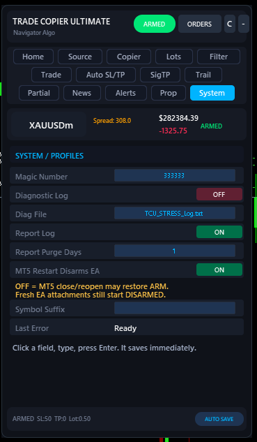 System tab showing logging levels, diagnostic tools, and state resets