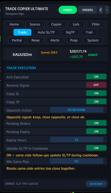 Trade tab — full execution settings, pending expiry, modify existing, cooldown