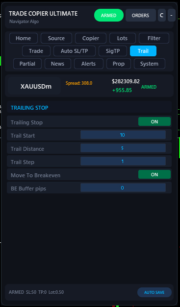 Trail tab — Trailing Stop ON, start 10 pips, distance 5 pips, breakeven move ON