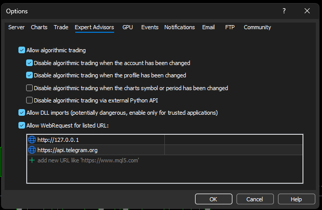 MT5 Tools → Options → Expert Advisors dialog with both WebRequest URLs added